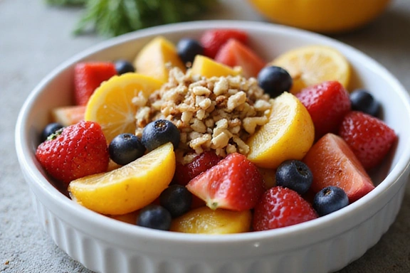 A vibrant bowl of colorful fruit salad with a sprinkle of nuts, representing a healthy breakfast idea.