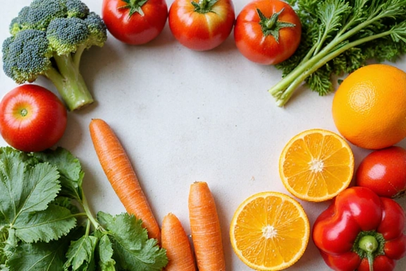 A vibrant array of fresh vegetables and fruits artfully arranged, showcasing the diversity of a plant-based diet.