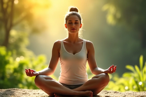 A person meditating peacefully in a serene environment, representing mindful eating.