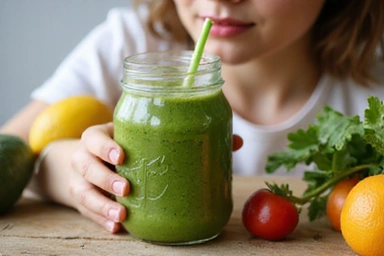 A person enjoying a healthy smoothie, symbolizing quick and easy nutritional intake.