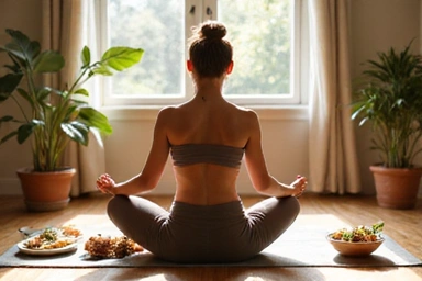 A person meditating or practicing yoga in a serene environment, representing the connection between mind, body, and nutrition.
