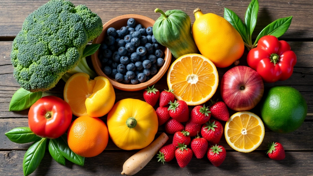 A colorful array of fresh fruits and vegetables neatly arranged, emphasizing the importance of micronutrients in a balanced diet.